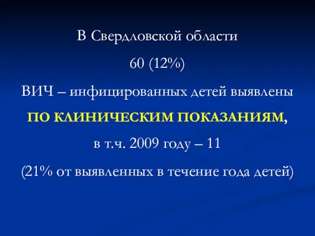 В Свердловской области 60 (12%) ВИЧ – инфицированных детей выявлены ПО КЛИНИЧЕСКИМ