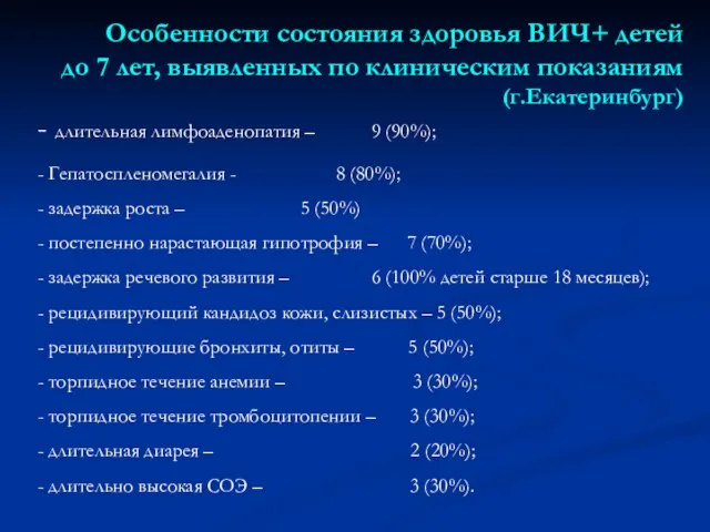 Особенности состояния здоровья ВИЧ+ детей до 7 лет, выявленных по клиническим показаниям