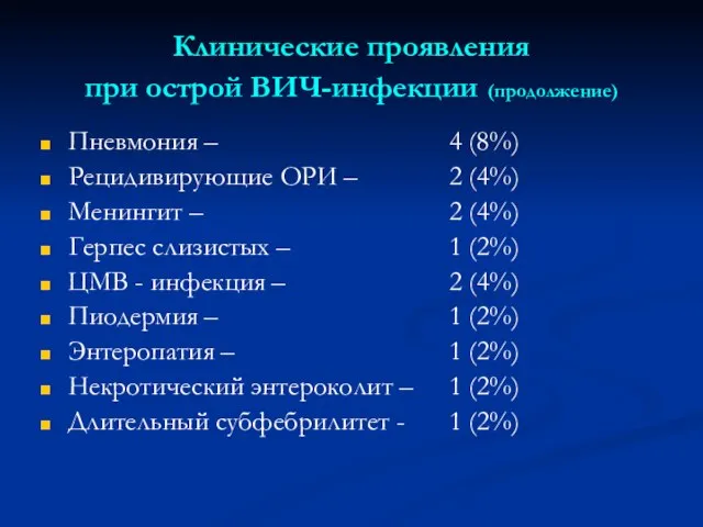 Клинические проявления при острой ВИЧ-инфекции (продолжение) Пневмония – 4 (8%) Рецидивирующие ОРИ