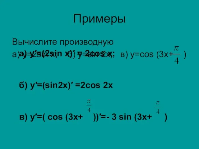 Примеры Вычислите производную а) у=2sin х; б) y=sin 2x; в) y=cos (3x+