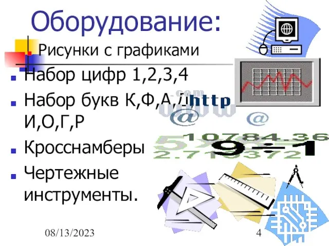 08/13/2023 Оборудование: Рисунки с графиками Набор цифр 1,2,3,4 Набор букв К,Ф,А,Д,И,О,Г,Р Кросснамберы Чертежные инструменты.