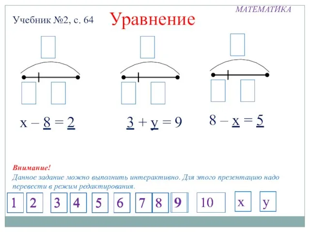 МАТЕМАТИКА Учебник №2, с. 64 Уравнение х – 8 = 2 8