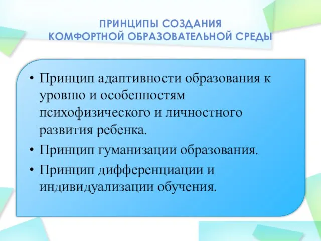 ПРИНЦИПЫ СОЗДАНИЯ КОМФОРТНОЙ ОБРАЗОВАТЕЛЬНОЙ СРЕДЫ Принцип адаптивности образования к уровню и особенностям