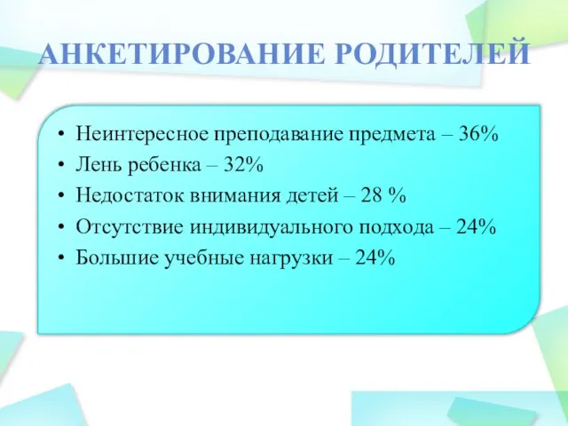 АНКЕТИРОВАНИЕ РОДИТЕЛЕЙ Неинтересное преподавание предмета – 36% Лень ребенка – 32% Недостаток