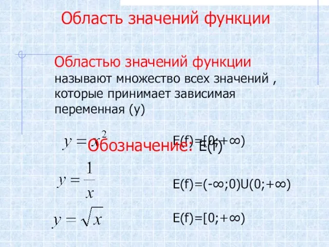 Область значений функции Областью значений функции называют множество всех значений , которые