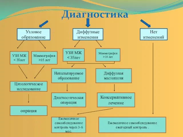 Диагностика Узловое образование Диффузные изменения Нет изменений УЗИ МЖ Маммография >35 лет