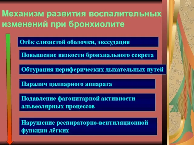 Механизм развития воспалительных изменений при бронхиолите Отёк слизистой оболочки, экссудация Повышение вязкости