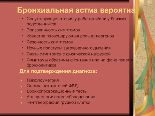 Сопутствующая атопия у ребенка и/или у близких родственников Эпизодичность симптомов Известна провоцирующая