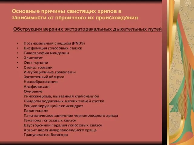 Основные причины свистящих хрипов в зависимости от первичного их происхождения Постназальный синдром