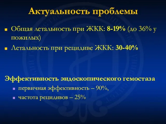 Актуальность проблемы Общая летальность при ЖКК: 8-19% (до 36% у пожилых) Летальность