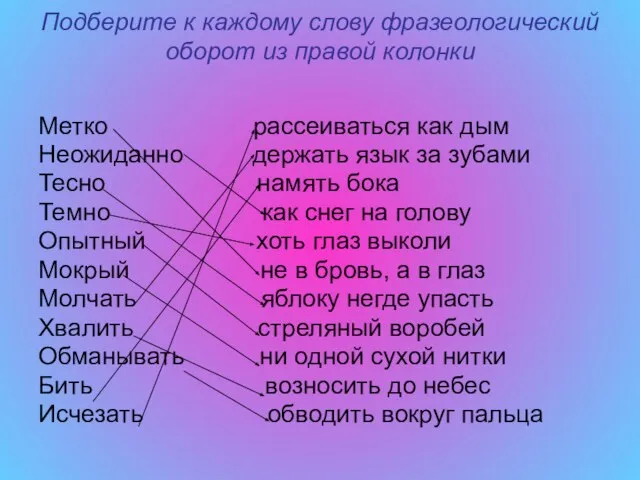 Подберите к каждому слову фразеологический оборот из правой колонки Метко рассеиваться как