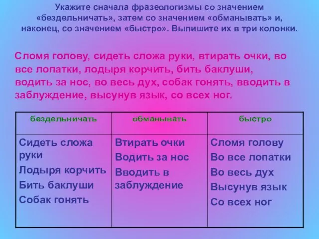 Укажите сначала фразеологизмы со значением «бездельничать», затем со значением «обманывать» и, наконец,