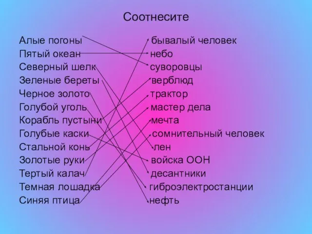 Соотнесите Алые погоны бывалый человек Пятый океан небо Северный шелк суворовцы Зеленые