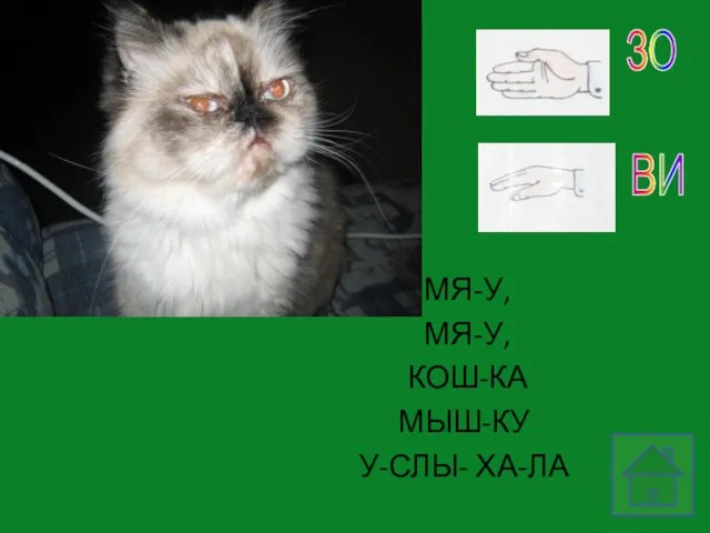 МЯ-У, МЯ-У, КОШ-КА МЫШ-КУ У-СЛЫ- ХА-ЛА ЗО ВИ