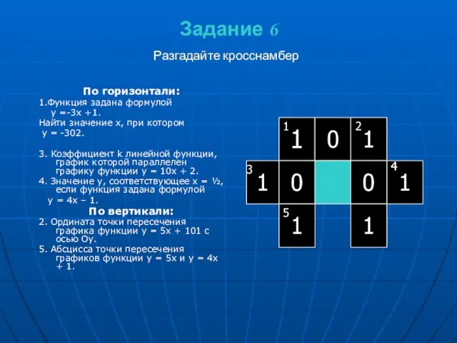 Задание 6 По горизонтали: 1.Функция задана формулой у =-3х +1. Найти значение