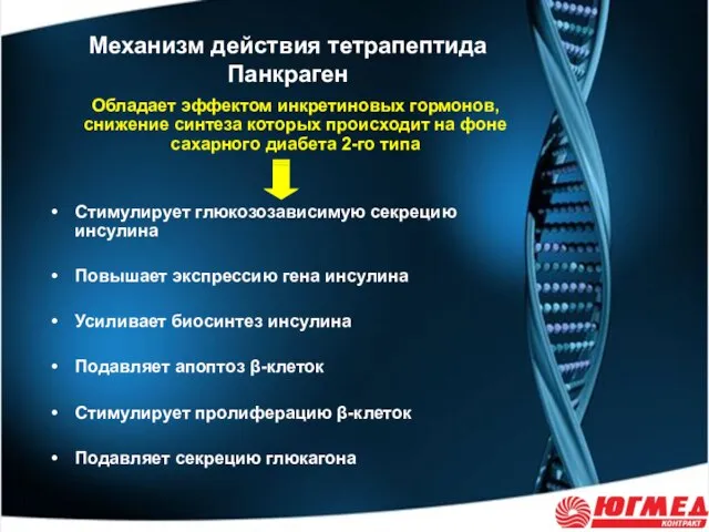 Механизм действия тетрапептида Панкраген Обладает эффектом инкретиновых гормонов, снижение синтеза которых происходит