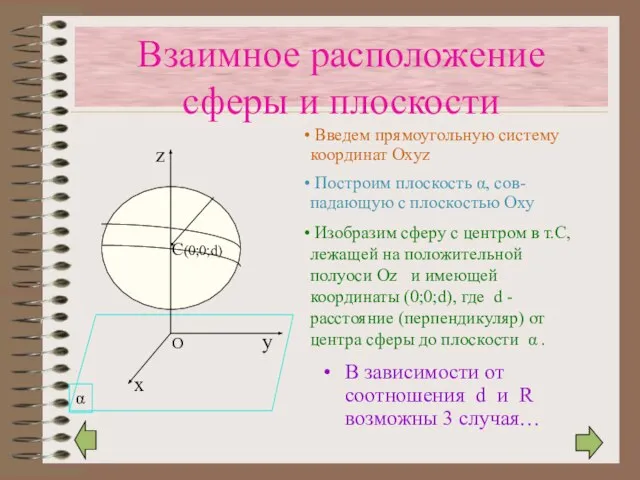 Взаимное расположение сферы и плоскости В зависимости от соотношения d и R