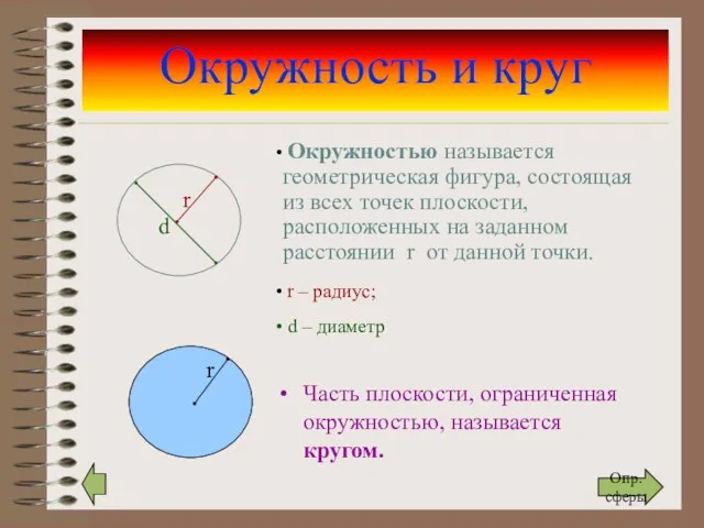 Окружность и круг Часть плоскости, ограниченная окружностью, называется кругом. Окружностью называется геометрическая