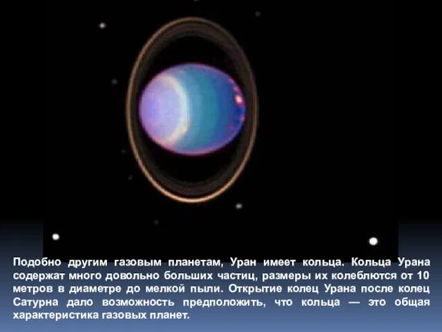 Подобно другим газовым планетам, Уран имеет кольца. Кольца Урана содержат много довольно