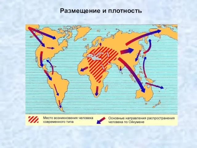 Размещение и плотность Причины, определяющие размещение населения: Природные условия и ресурсы (рельеф,