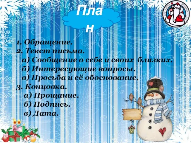 План 1. Обращение. 2. Текст письма. а) Сообщение о себе и своих