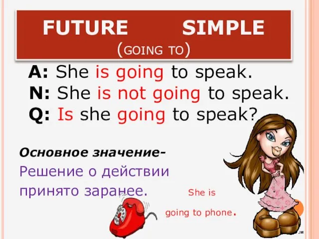 FUTURE SIMPLE (going to) A: She is going to speak. N: She