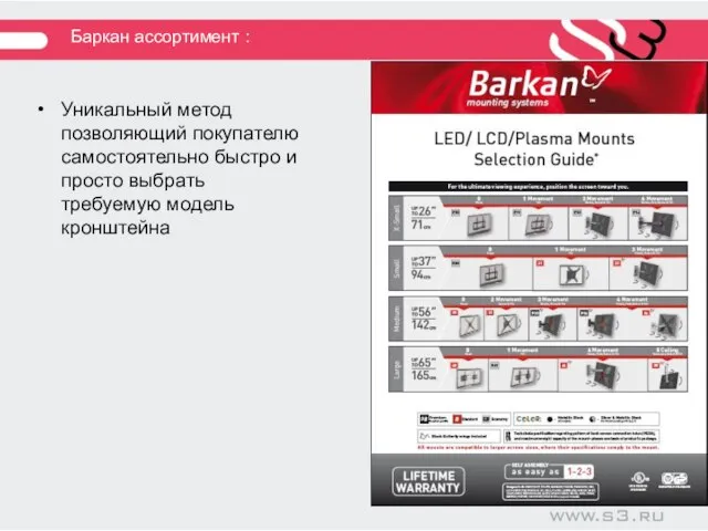 Баркан ассортимент : Уникальный метод позволяющий покупателю самостоятельно быстро и просто выбрать требуемую модель кронштейна
