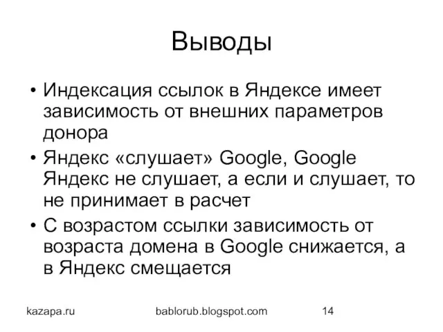 kazapa.ru bablorub.blogspot.com Выводы Индексация ссылок в Яндексе имеет зависимость от внешних параметров