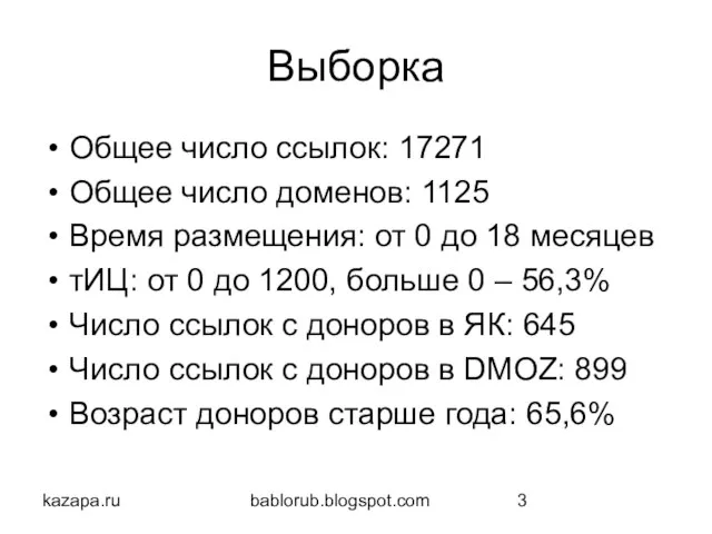 kazapa.ru bablorub.blogspot.com Выборка Общее число ссылок: 17271 Общее число доменов: 1125 Время