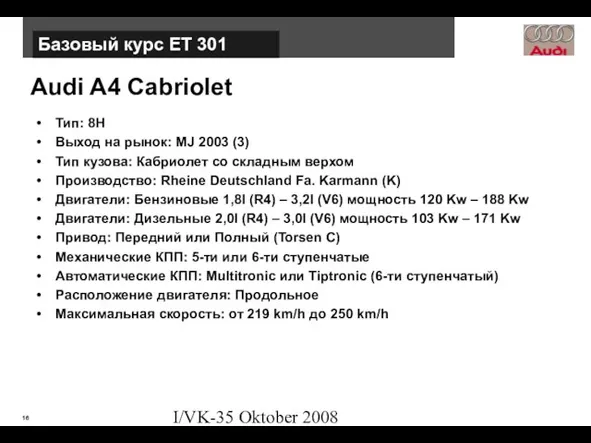 I/VK-35 Oktober 2008 Audi A4 Cabriolet Тип: 8H Выход на рынок: MJ