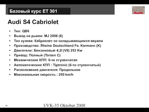 I/VK-35 Oktober 2008 Audi S4 Cabriolet Тип: QB6 Выход на рынок: MJ