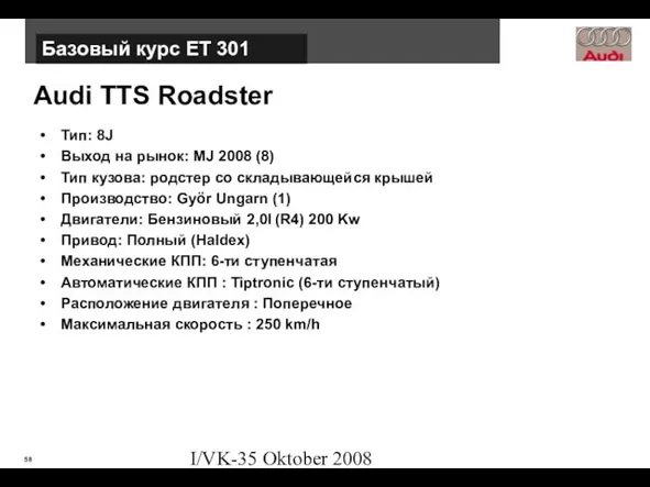 I/VK-35 Oktober 2008 Audi TTS Roadster Тип: 8J Выход на рынок: MJ