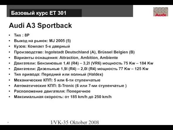 I/VK-35 Oktober 2008 Audi A3 Sportback Тип : 8P Выход на рынок: