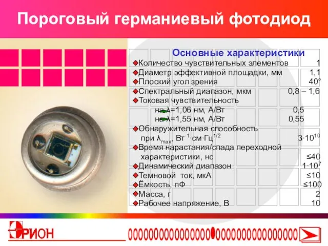 Пороговый германиевый фотодиод Основные характеристики Количество чувствительных элементов 1 Диаметр эффективной площадки,