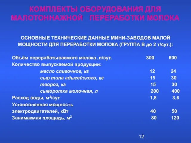 КОМПЛЕКТЫ ОБОРУДОВАНИЯ ДЛЯ МАЛОТОННАЖНОЙ ПЕРЕРАБОТКИ МОЛОКА ОСНОВНЫЕ ТЕХНИЧЕСКИЕ ДАННЫЕ МИНИ-ЗАВОДОВ МАЛОЙ МОЩНОСТИ