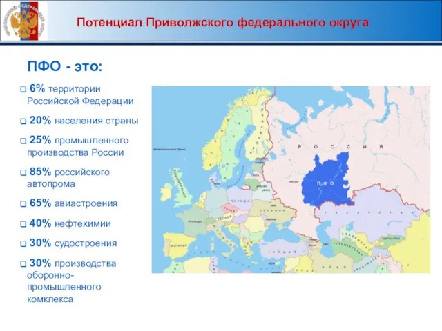 Потенциал Приволжского федерального округа ПФО - это: 6% территории Российской Федерации 20%