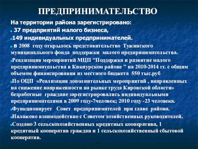 На территории района зарегистрировано: 37 предприятий малого бизнеса, 149 индивидуальных предпринимателей. в