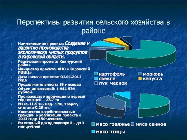 Перспективы развития сельского хозяйства в районе Наименование проекта: Создание и развитие производства