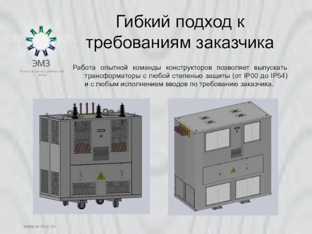 www.e-m-z.ru Гибкий подход к требованиям заказчика Работа опытной команды конструкторов позволяет выпускать