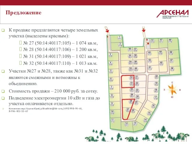 Предложение К продаже предлагаются четыре земельных участка (выделены красным): № 27 (50:14:40117:105)