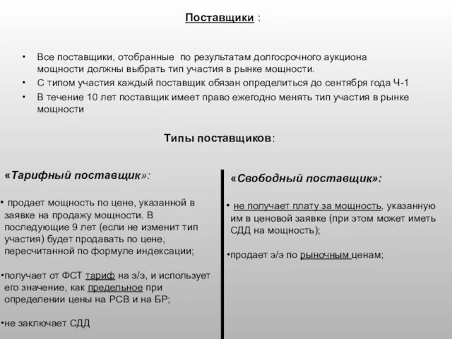 Поставщики : Все поставщики, отобранные по результатам долгосрочного аукциона мощности должны выбрать