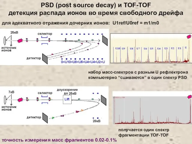 для адекватного отражения дочерних ионов: U1ref/U0ref = m1/m0 набор масс-спектров с разным