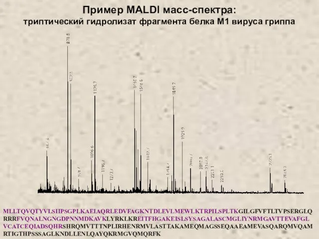 MLLTQVQTYVLSIIPSGPLKAEIAQRLEDVFAGKNTDLEVLMEWLKTRPILSPLTKGILGFVFTLTVPSERGLQRRRFVQNALNGNGDPNNMDKAVKLYRKLKREITFHGAKEISLSYSAGALASCMGLIYNRMGAVTTEVAFGLVCATCEQIADSQHRSHRQMVTTTNPLIRHENRMVLASTTAKAMEQMAGSSEQAAEAMEVASQARQMVQAMRTIGTHPSSSAGLKNDLLENLQAYQKRMGVQMQRFK Пример MALDI масс-спектра: триптический гидролизат фрагмента белка М1 вируса гриппа