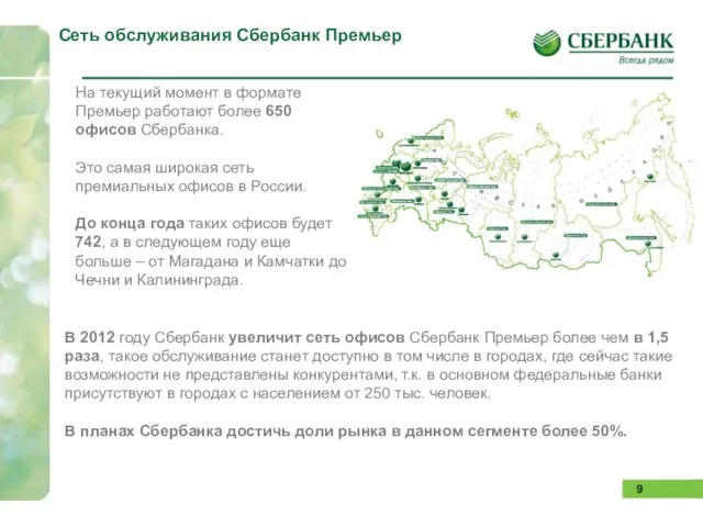 Сеть обслуживания Сбербанк Премьер На текущий момент в формате Премьер работают более