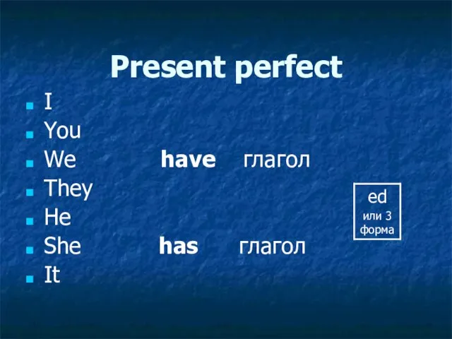 Present perfect I You We have глагол They He She has глагол It