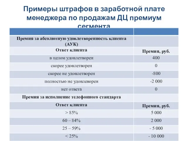 Примеры штрафов в заработной плате менеджера по продажам ДЦ премиум сегмента