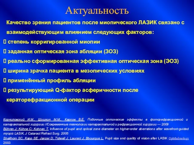 Актуальность Качество зрения пациентов после миопического ЛАЗИК связано с взаимодействующим влиянием следующих