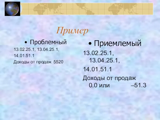 Пример Проблемный 13.02.25.1, 13.04.25.1, 14.01.51.1 Доходы от продаж 5520 Приемлемый 13.02.25.1, 13.04.25.1,