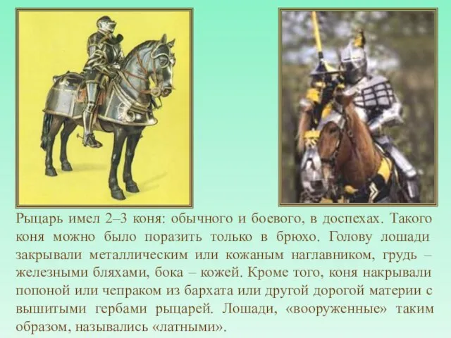 Рыцарь имел 2–3 коня: обычного и боевого, в доспехах. Такого коня можно