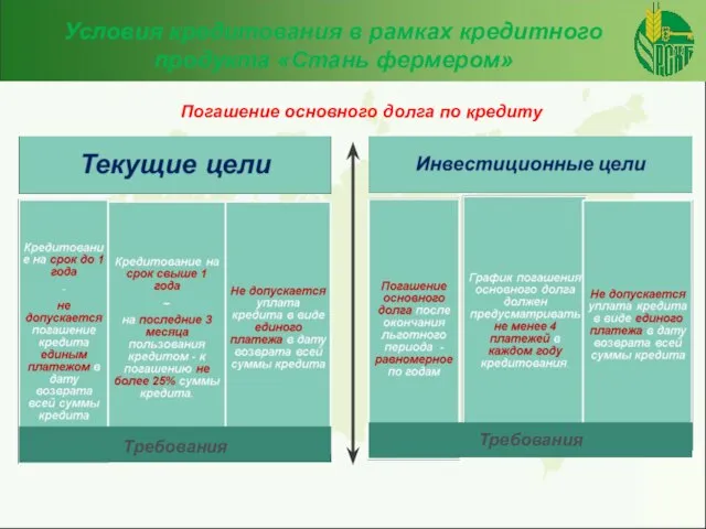 Условия кредитования в рамках кредитного продукта «Стань фермером» Погашение основного долга по кредиту Требования Требования